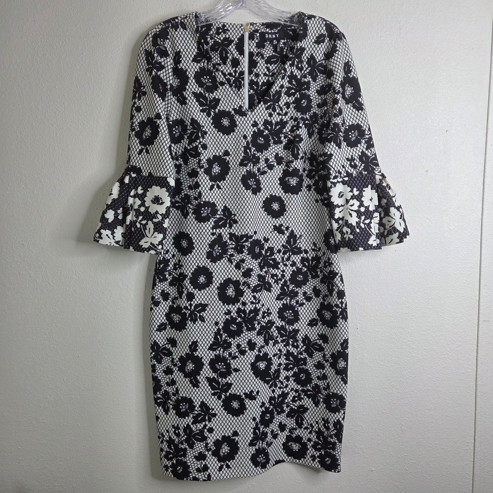 DKNY Dress 8 Black White Floral Lace Print Sheath Bell Sleeve V Neck Knee Length